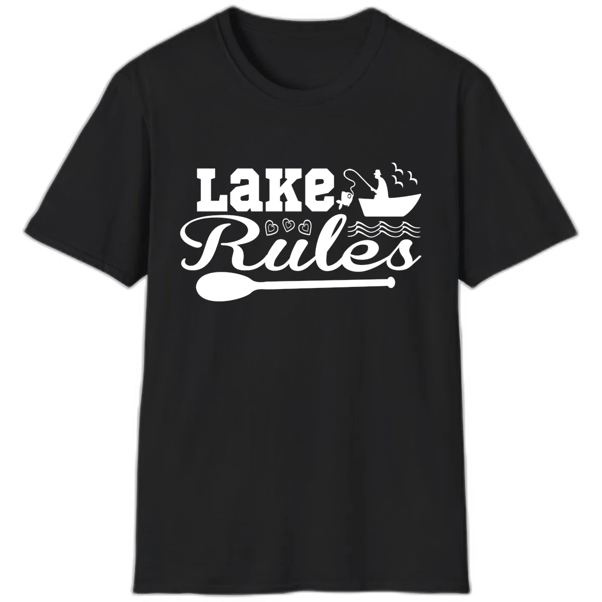 Lake Rules Boat Fishing Design T-Shirt in Black