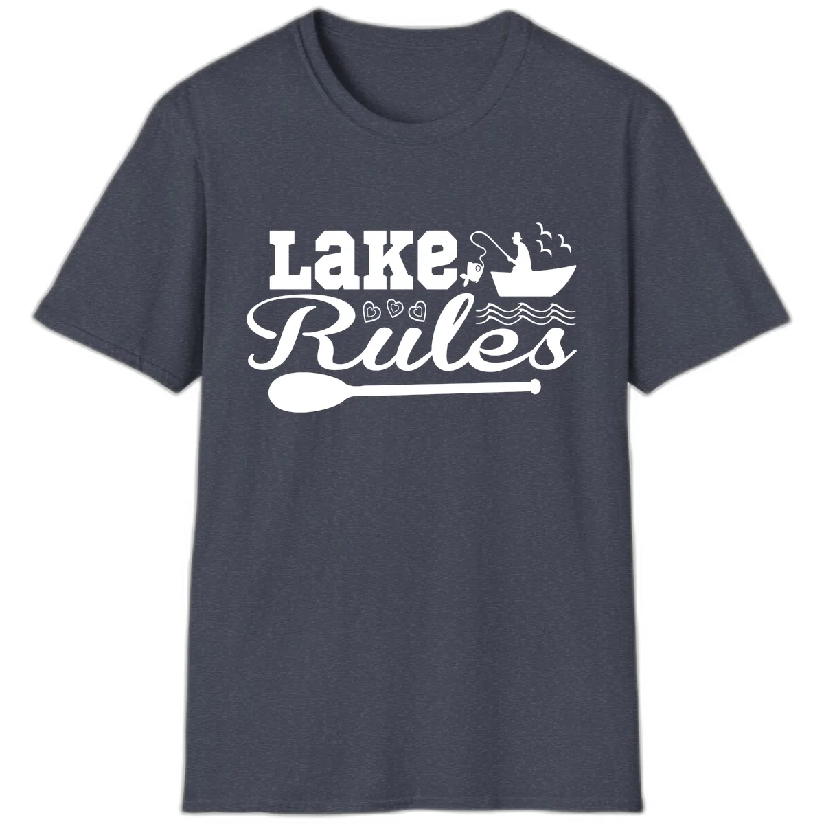 Lake Rules Boat Fishing Design T-Shirt in Heather Navy