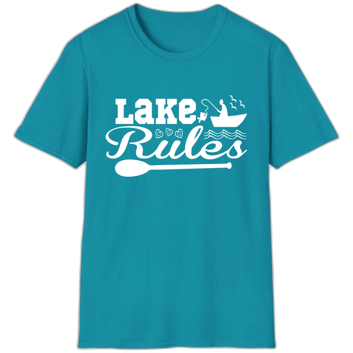 Lake Rules Boat Fishing Design T-Shirt in Tropical Blue
