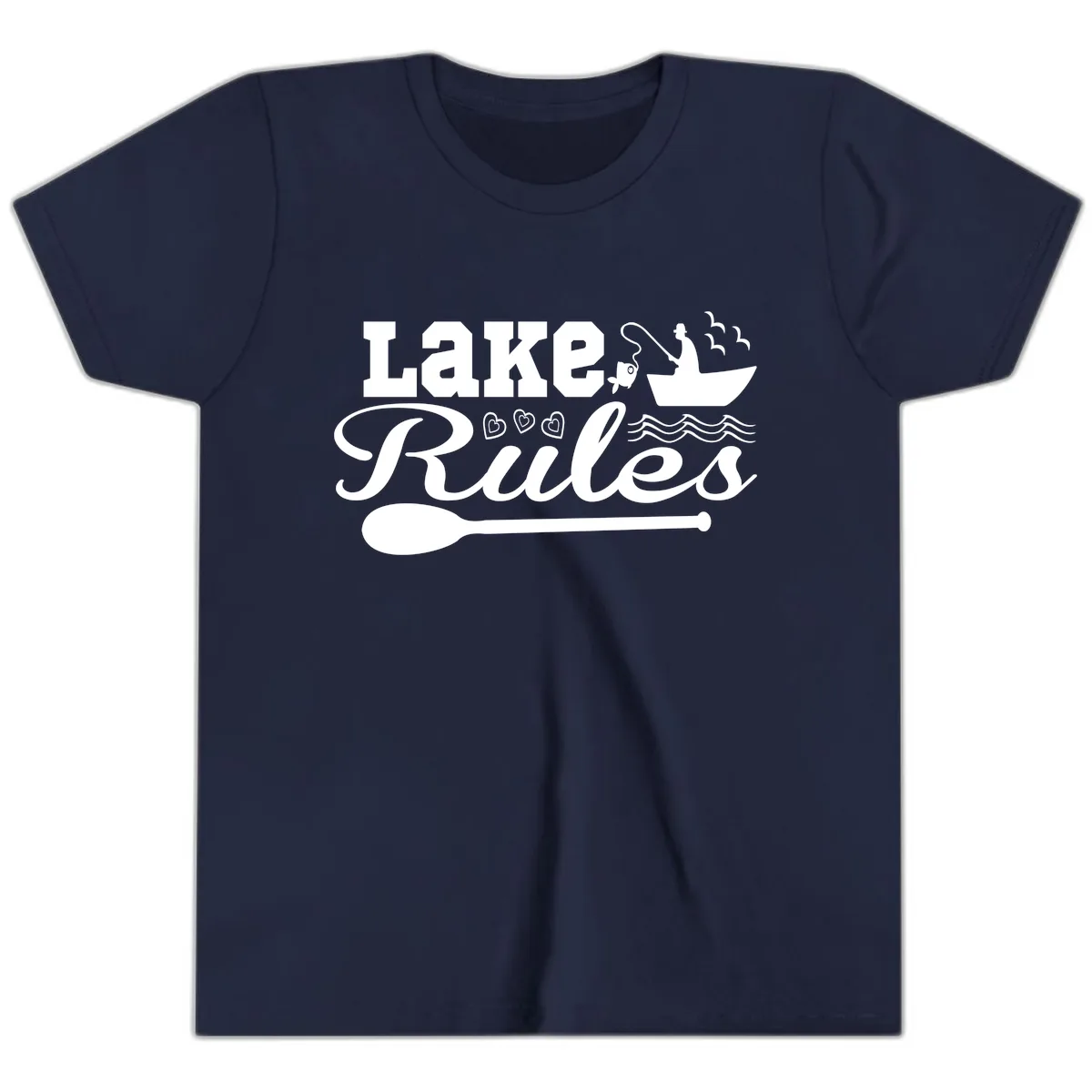 Lake Rules Boat Fishing Design Youth T-Shirt in Navy