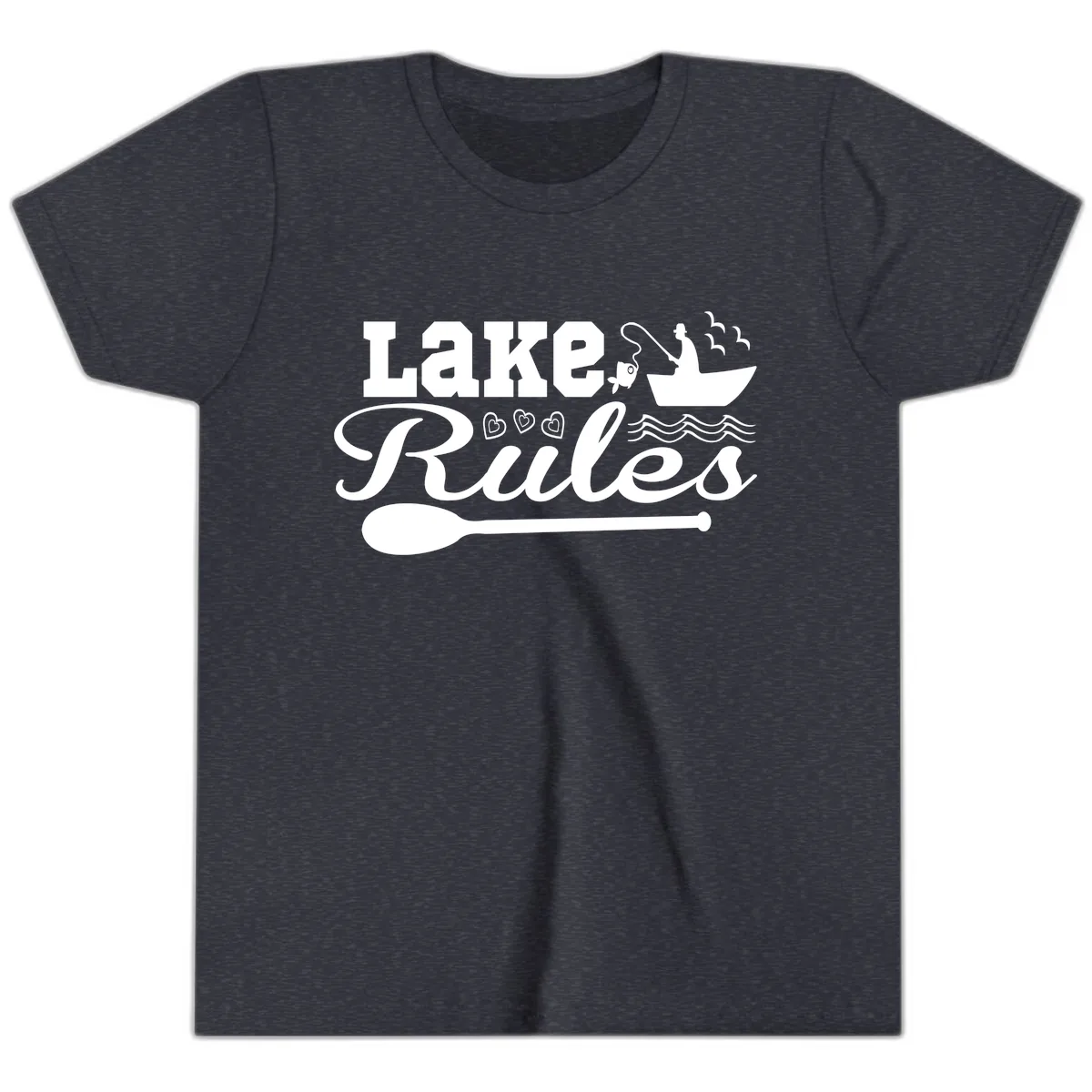 Lake Rules Boat Fishing Design Youth T-Shirt in Heather Navy