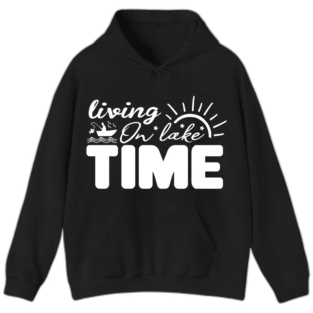 Living On Lake Time Design Hoodie in Black