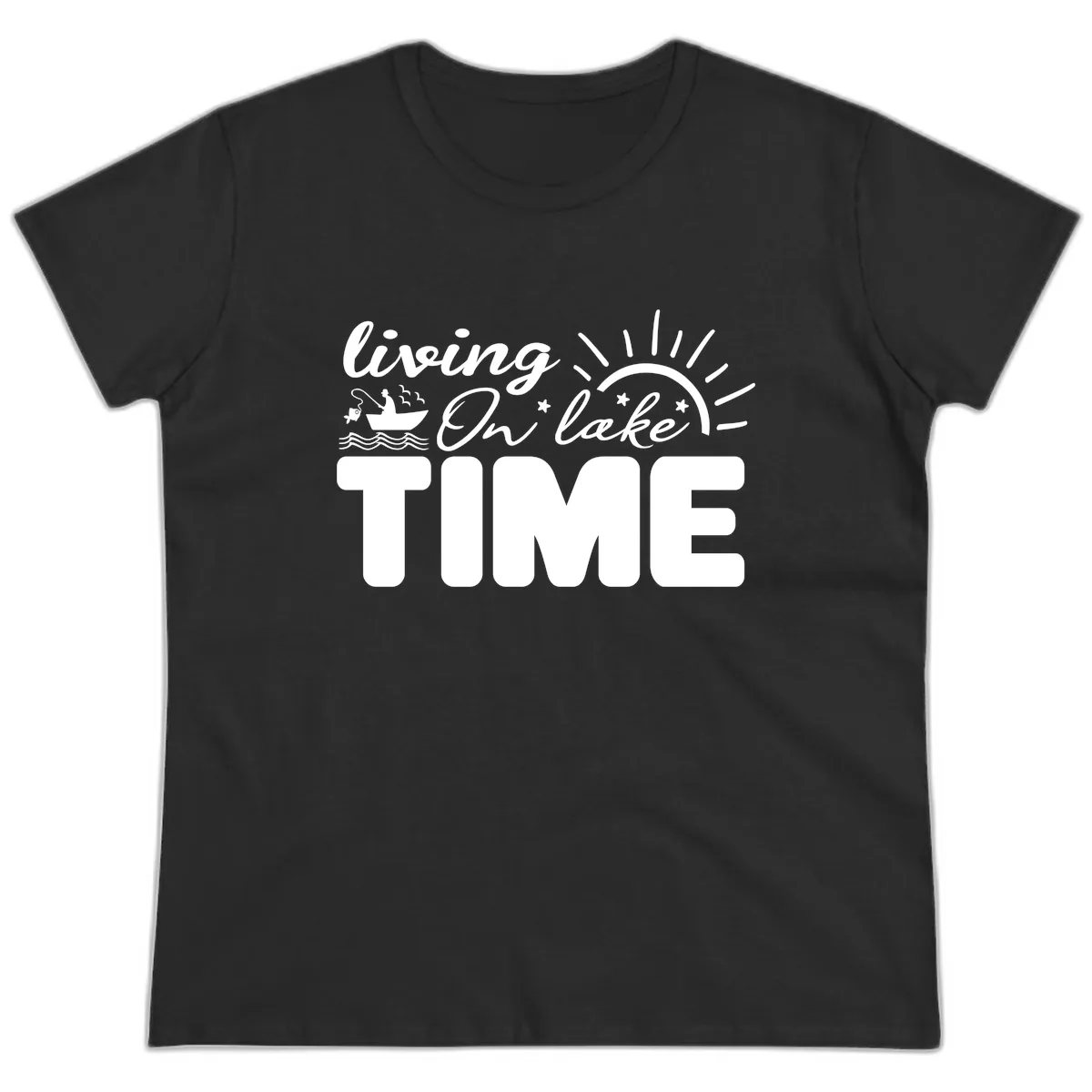 Living On Lake Time Design Ladies Tee in Black