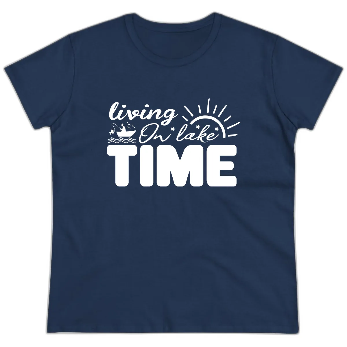Living On Lake Time Design Ladies Tee in Navy