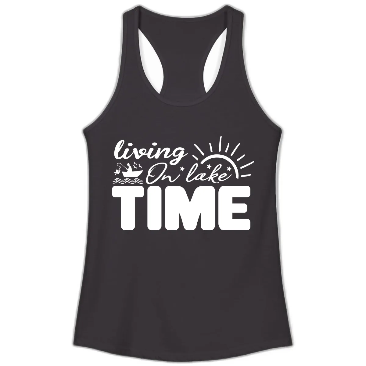 Living On Lake Time Design Ladies Tank in Black