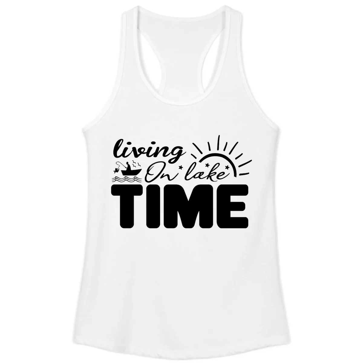 Living On Lake Time Design Ladies Tank in White