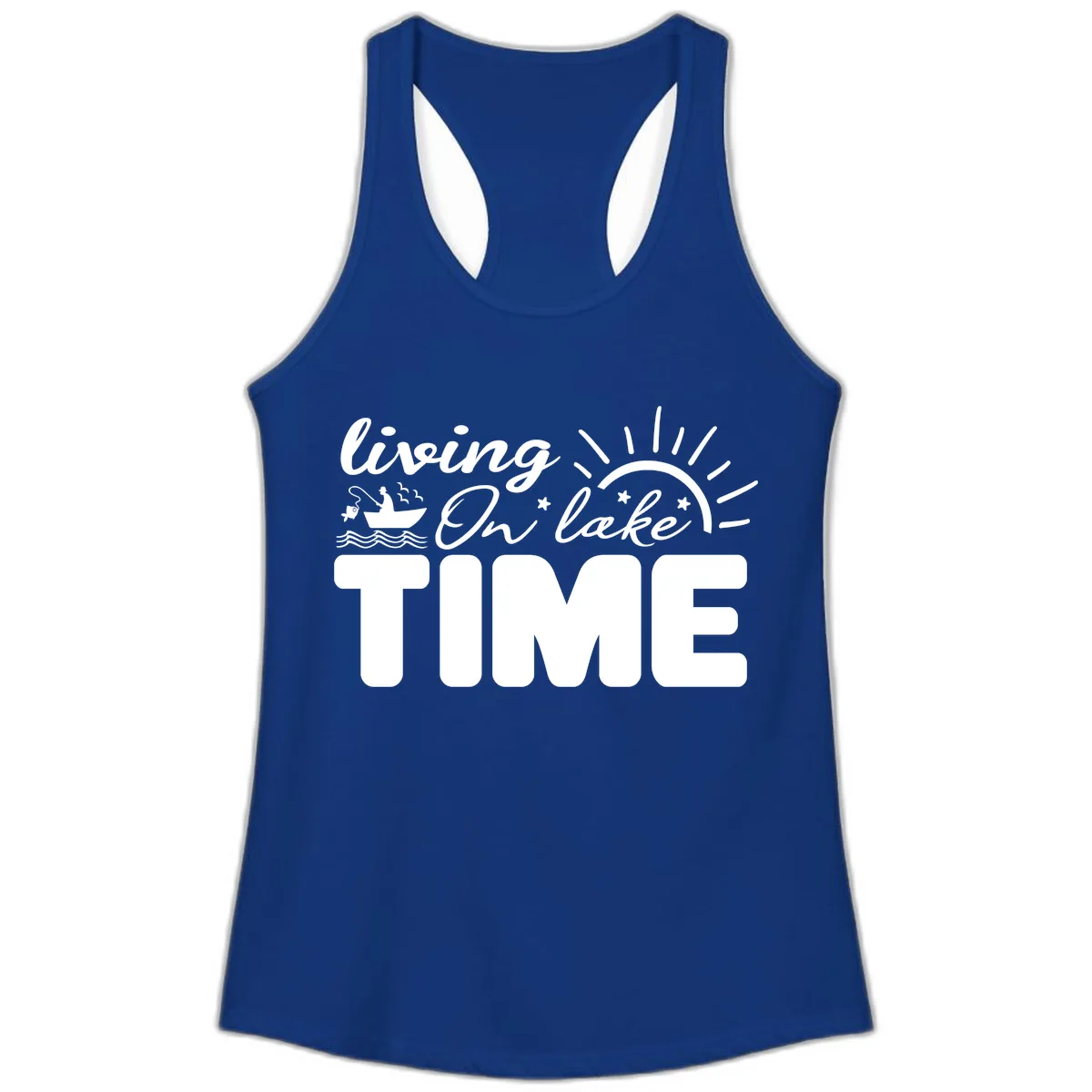 Living On Lake Time Design Ladies Tank in Solid Royal