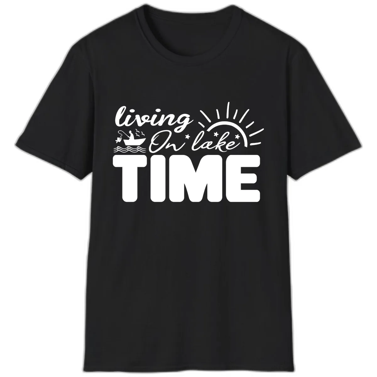 Living On Lake Time Design T-Shirt in Black