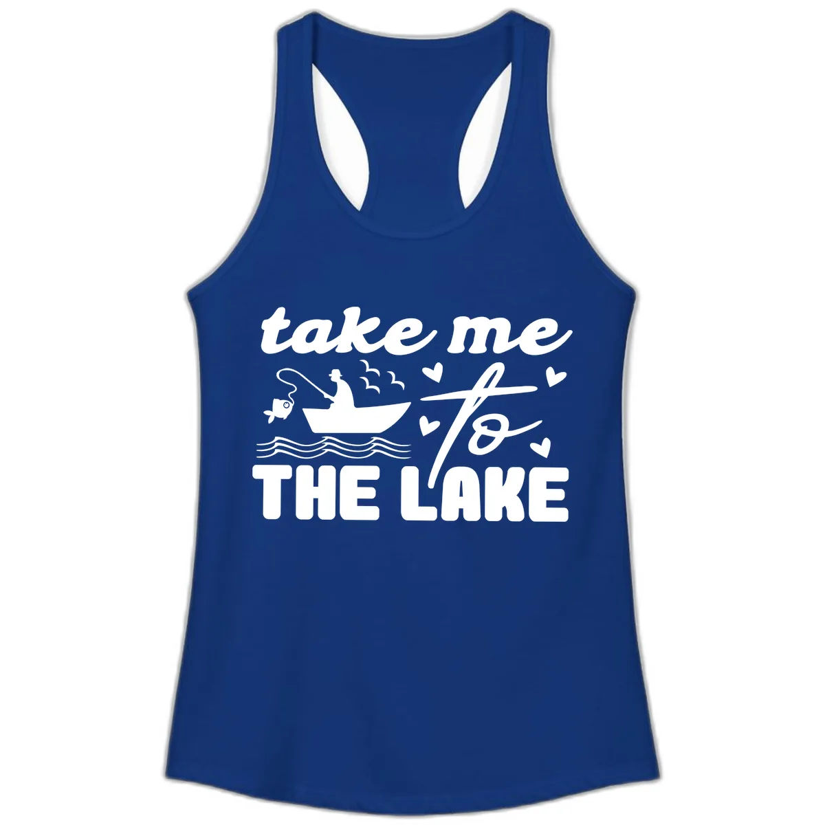 Take Me To The Lake Fishing Design Ladies Tank in Solid Royal