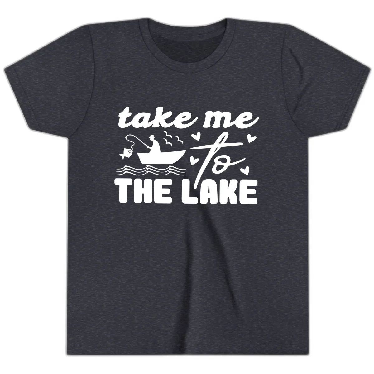 Take Me To The Lake Fishing Design Youth T-Shirt in Heather Navy