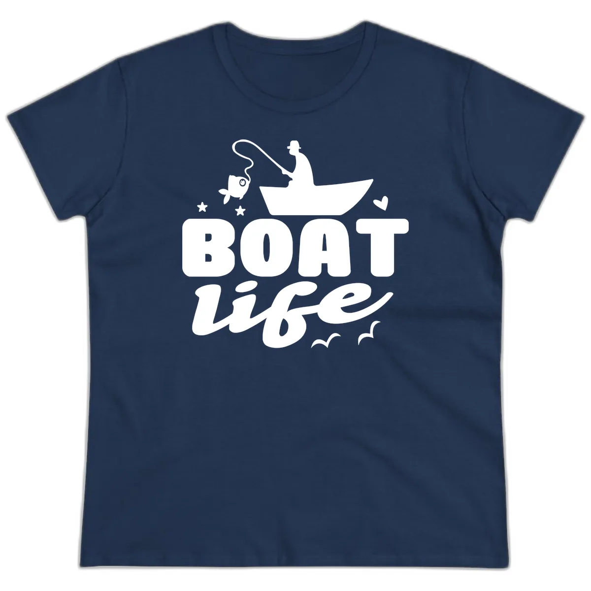 Boat Life Fisherman Fishing Design Ladies Tee in Navy