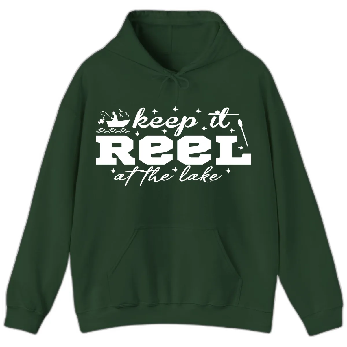 Keep It Reel At The Lake Fishing Design Hoodie in Forest Green