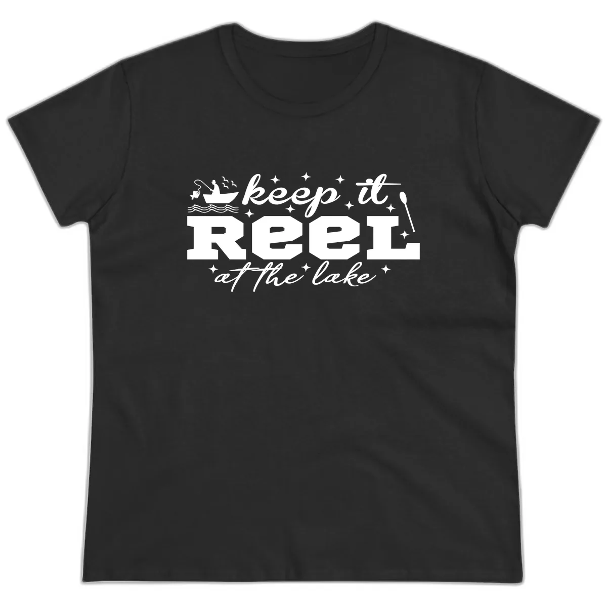 Keep It Reel At The Lake Fishing Design Ladies Tee in Black