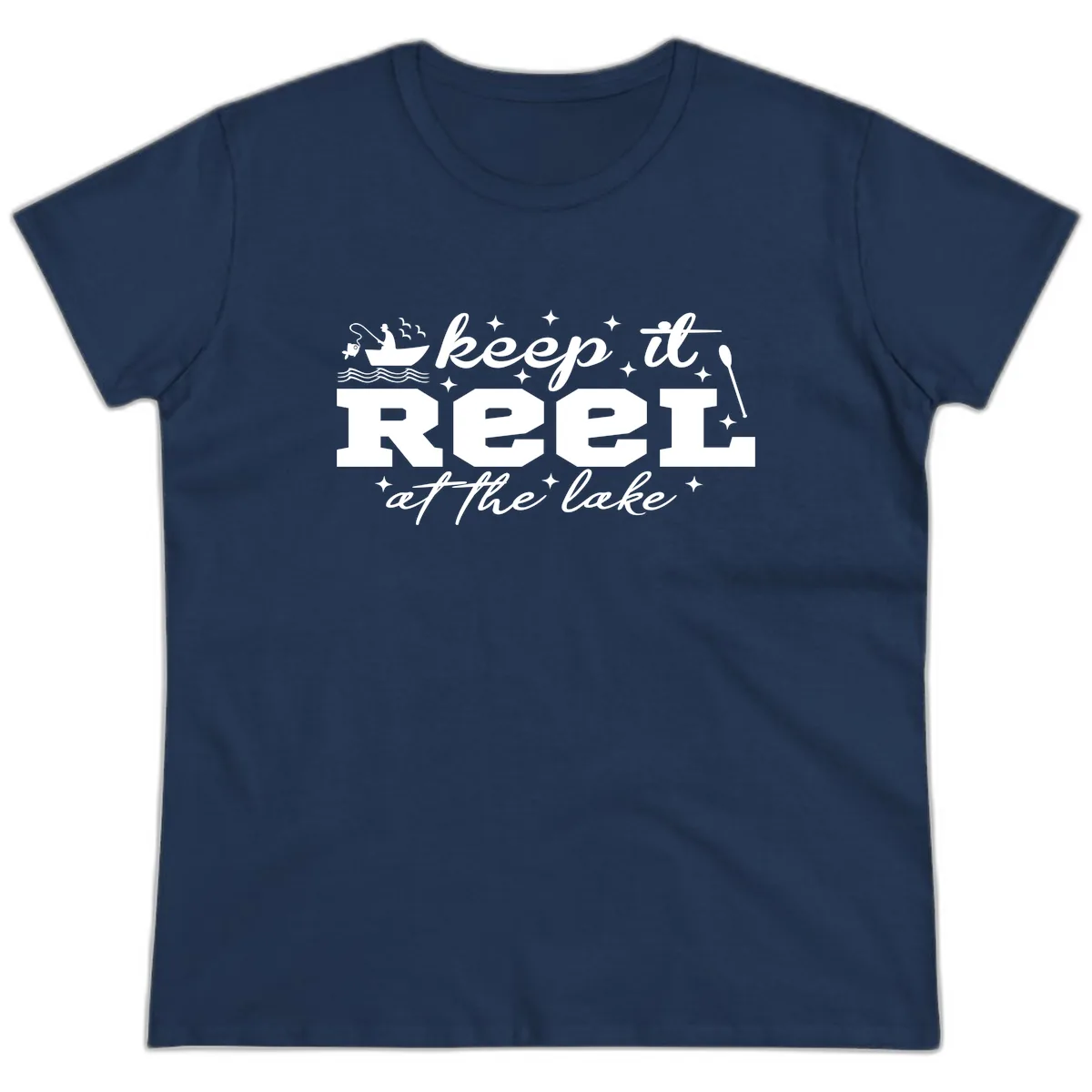 Keep It Reel At The Lake Fishing Design Ladies Tee in Navy