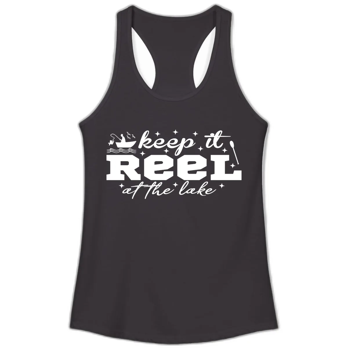 Keep It Reel At The Lake Fishing Design Ladies Tank in Black