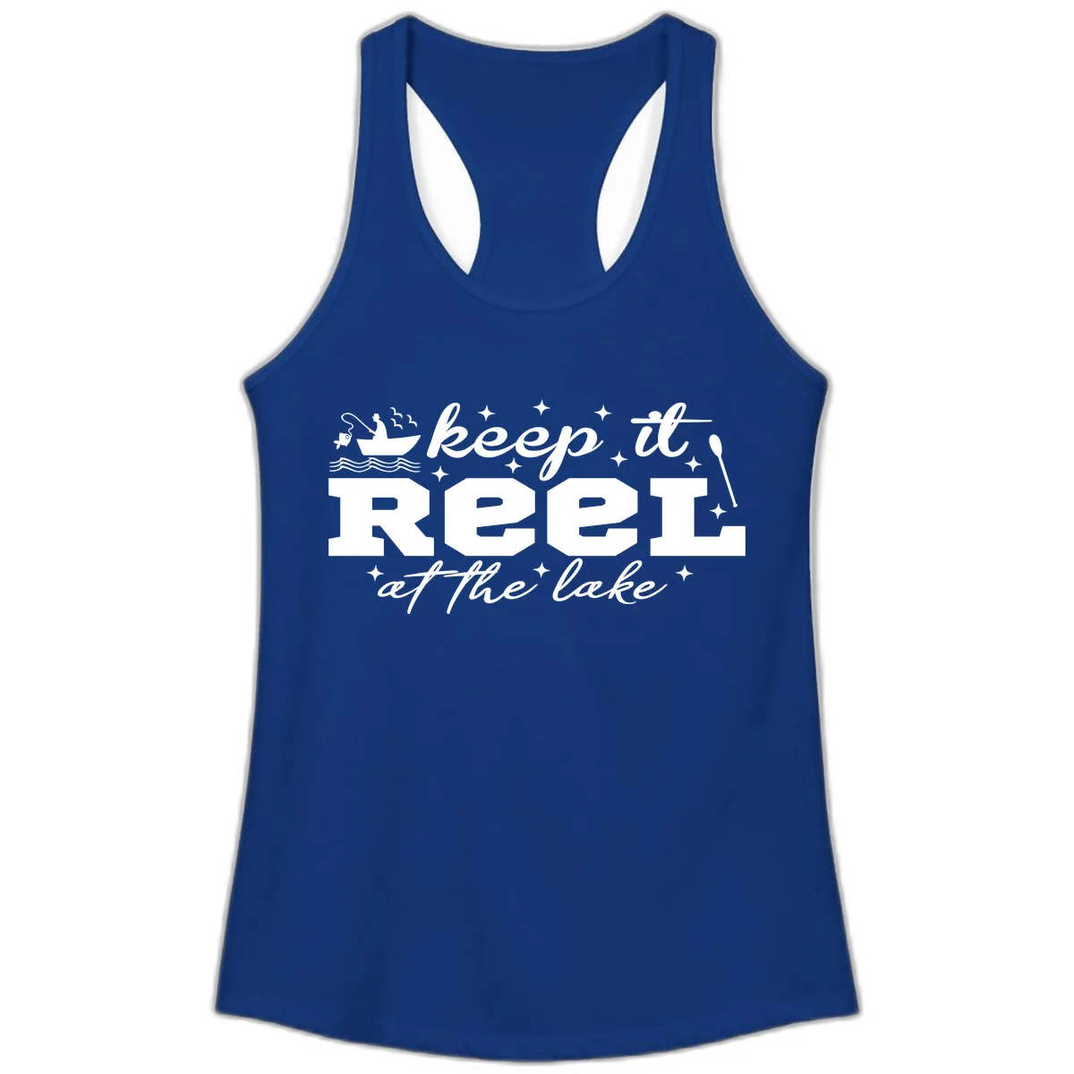 Keep It Reel At The Lake Fishing Design Ladies Tank in Solid Royal