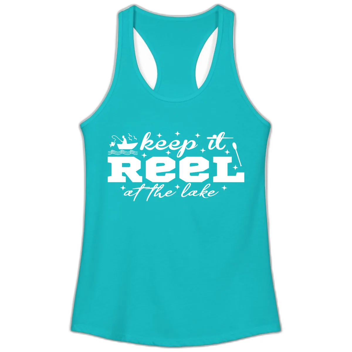 Keep It Reel At The Lake Fishing Design Ladies Tank in Tahiti Blue