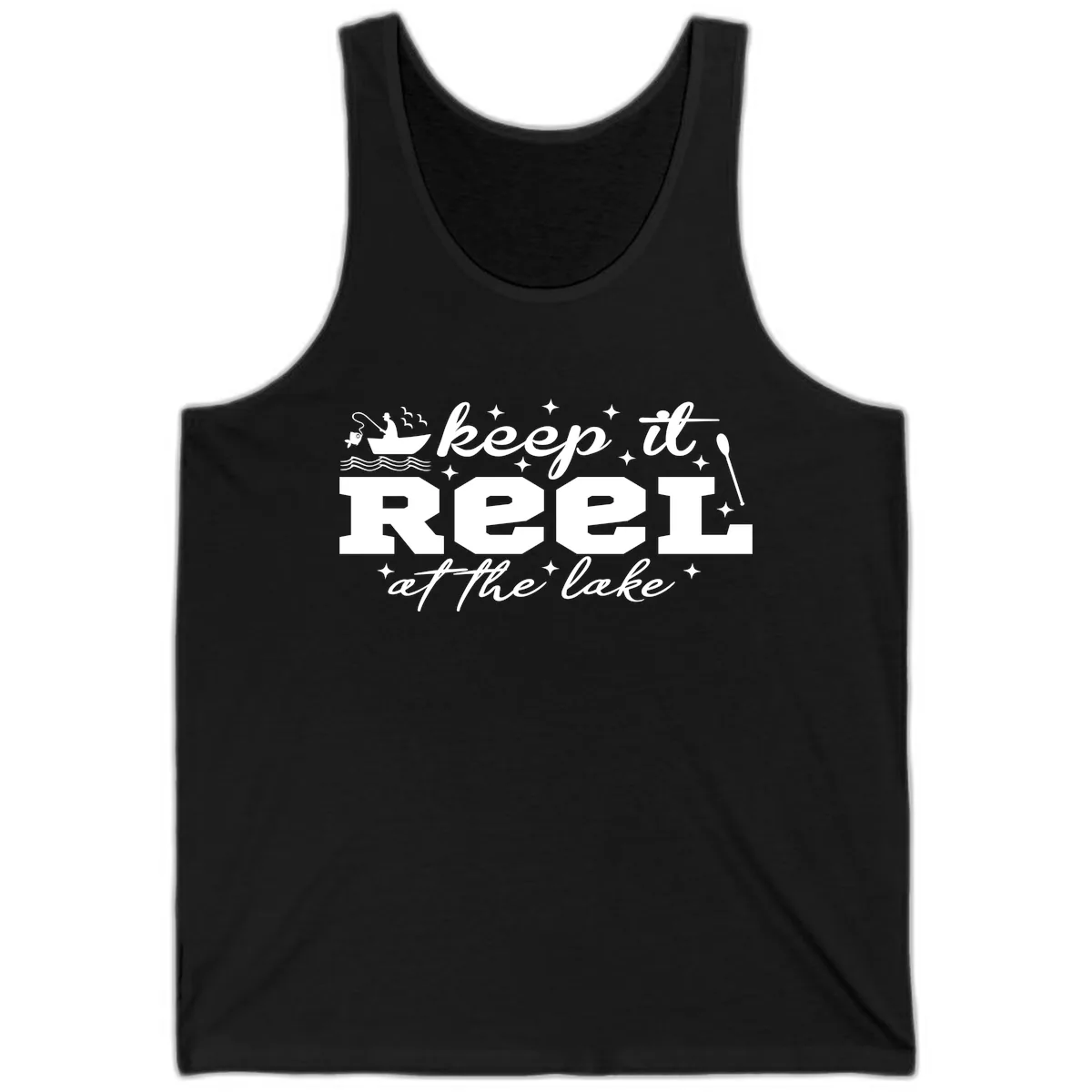 Keep It Reel At The Lake Fishing Design Tank in Black