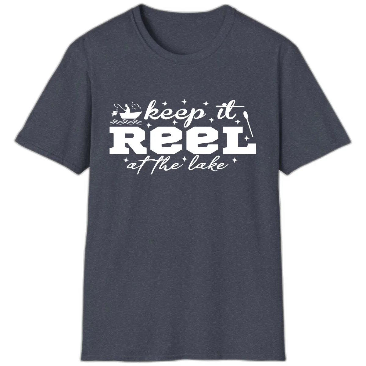 Keep It Reel At The Lake Fishing Design T-Shirt in Heather Navy