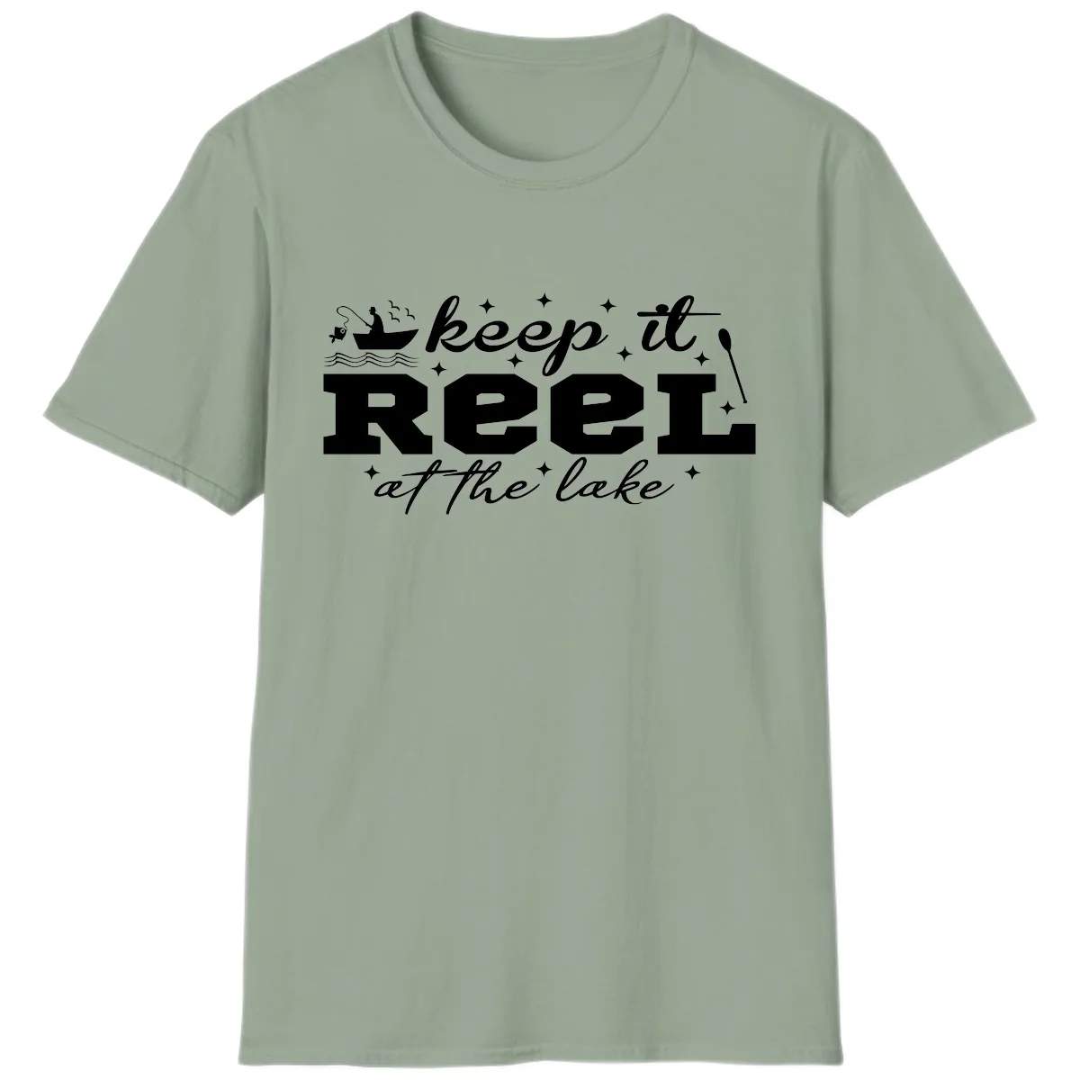 Keep It Reel At The Lake Fishing Design T-Shirt in Sage