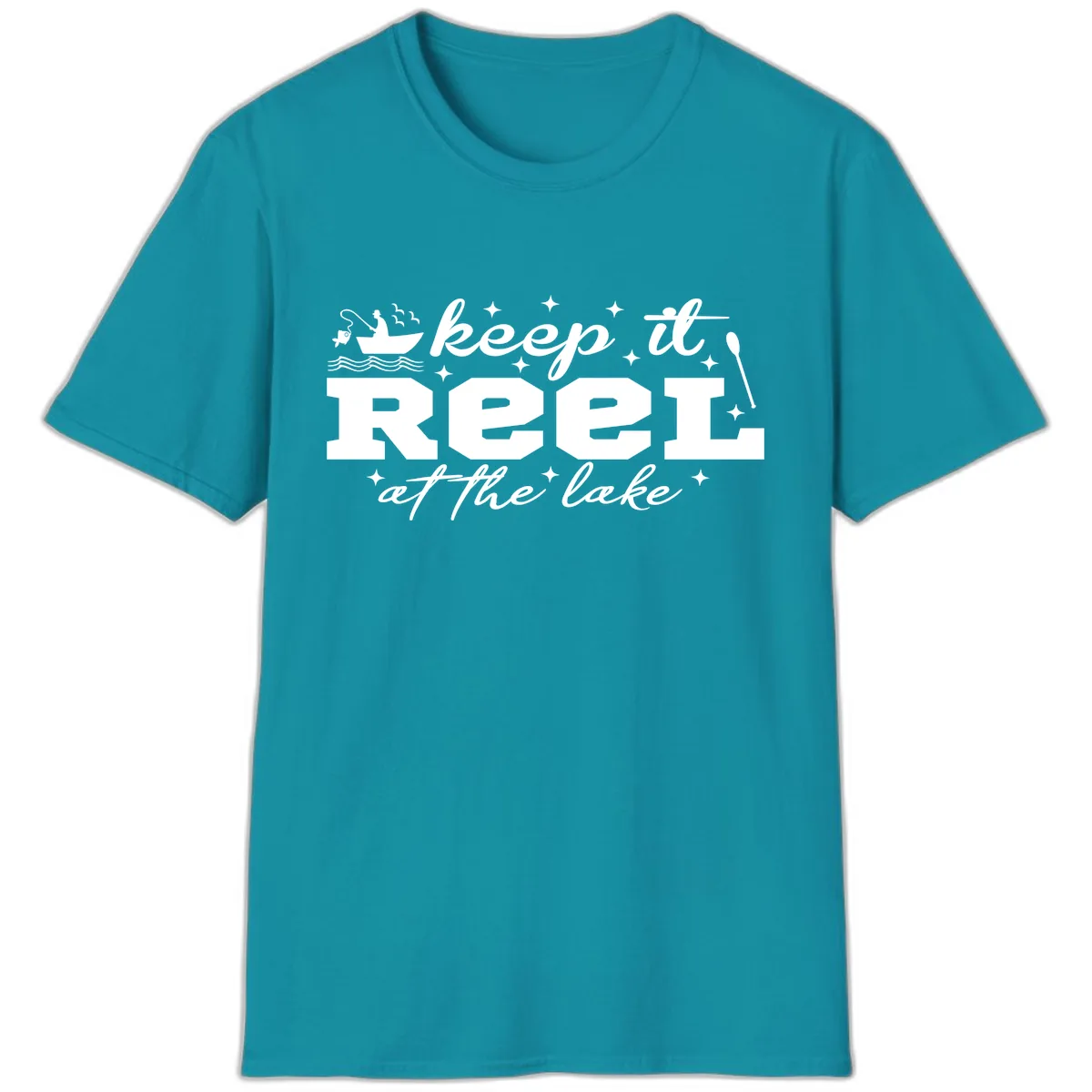 Keep It Reel At The Lake Fishing Design T-Shirt in Tropical Blue