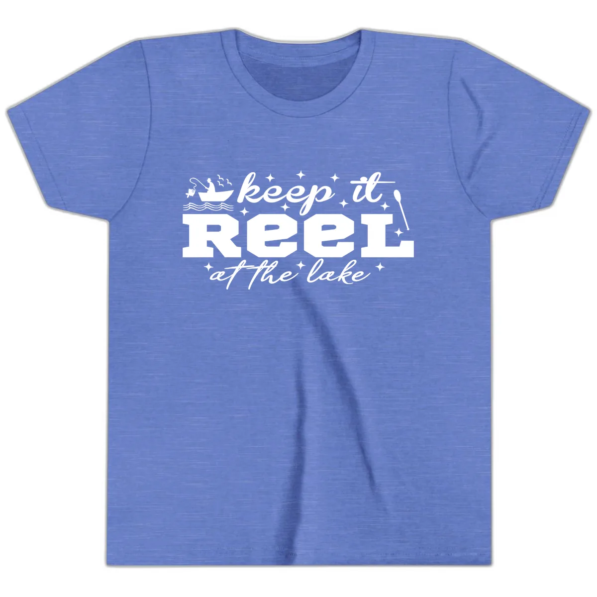 Keep It Reel At The Lake Fishing Design Youth T-Shirt in Heather Columbia Blue