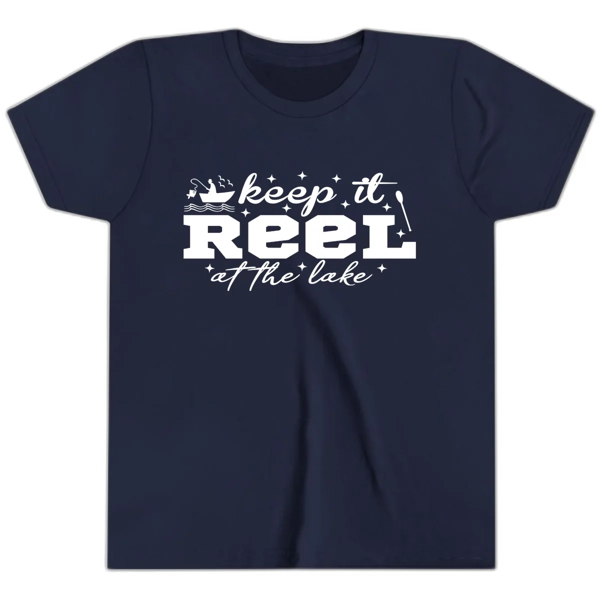 Keep It Reel At The Lake Fishing Design Youth T-Shirt in Navy