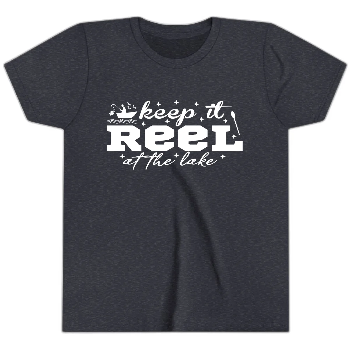 Keep It Reel At The Lake Fishing Design Youth T-Shirt in Heather Navy
