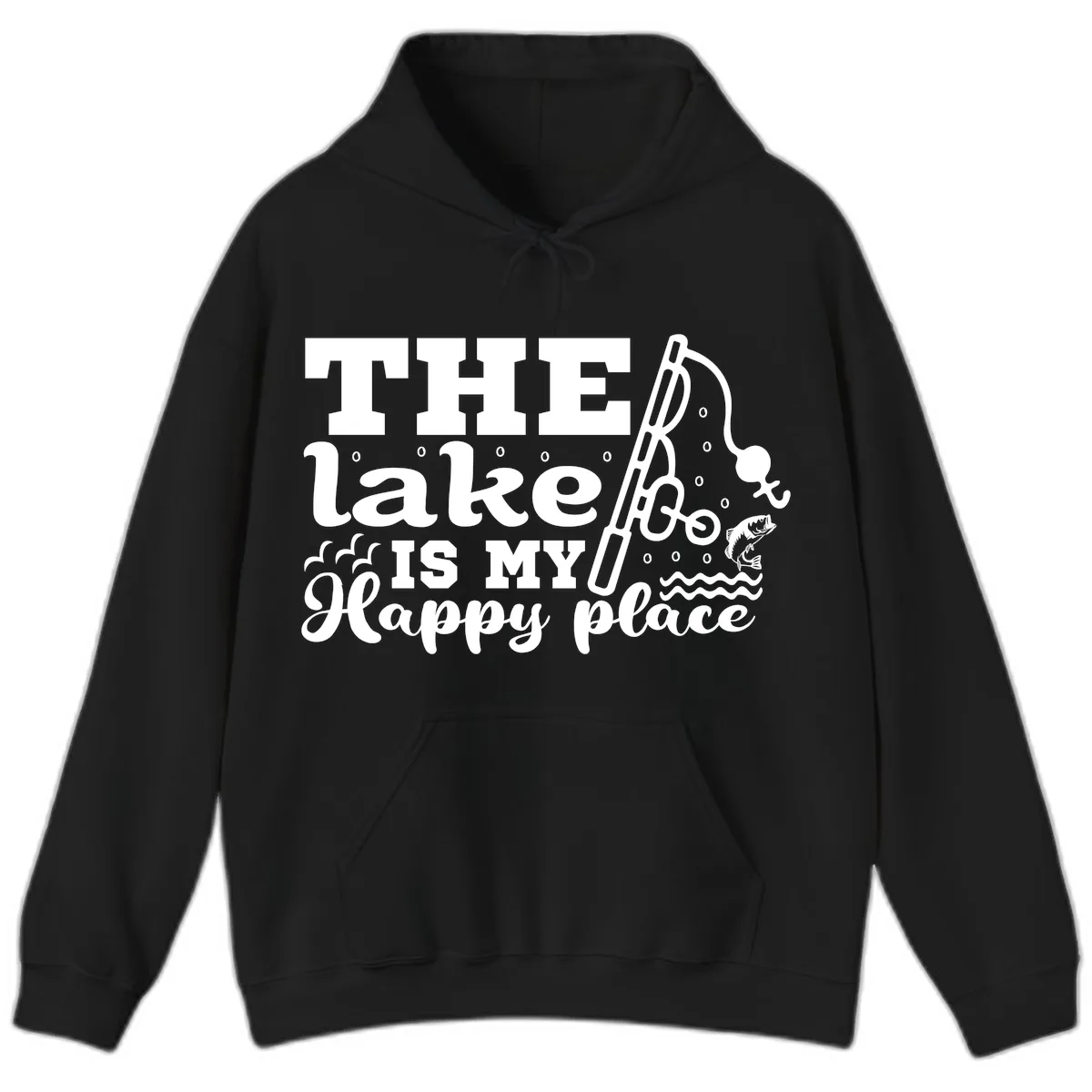 The Lake Is My Happy Place Fishing Design Hoodie in Black