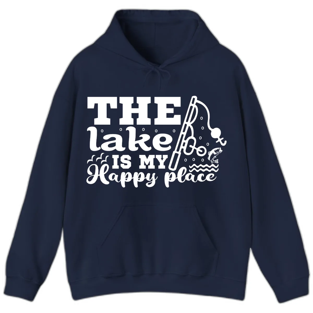 The Lake Is My Happy Place Fishing Design Hoodie in Navy