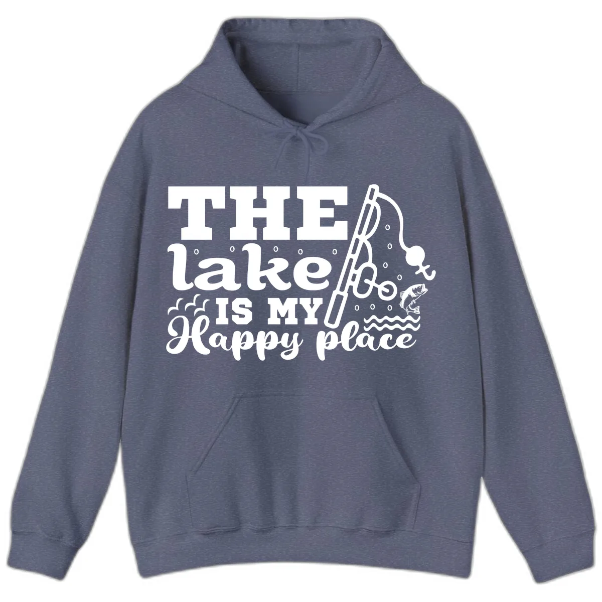 The Lake Is My Happy Place Fishing Design Hoodie in Heather Navy