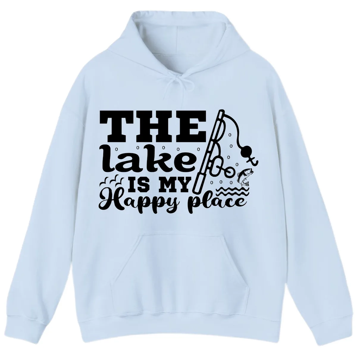 The Lake Is My Happy Place Fishing Design Hoodie in Light Blue