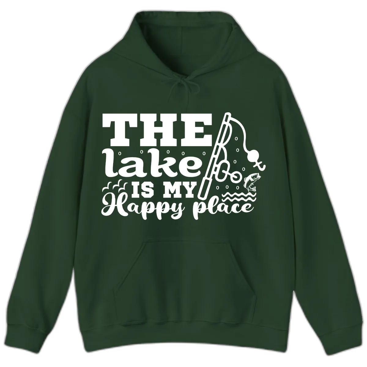 The Lake Is My Happy Place Fishing Design Hoodie in Forest Green