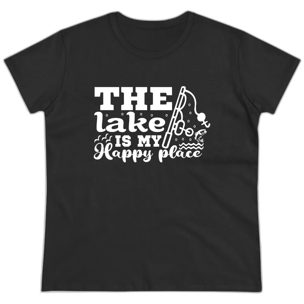 The Lake Is My Happy Place Fishing Design Ladies Tee in Black