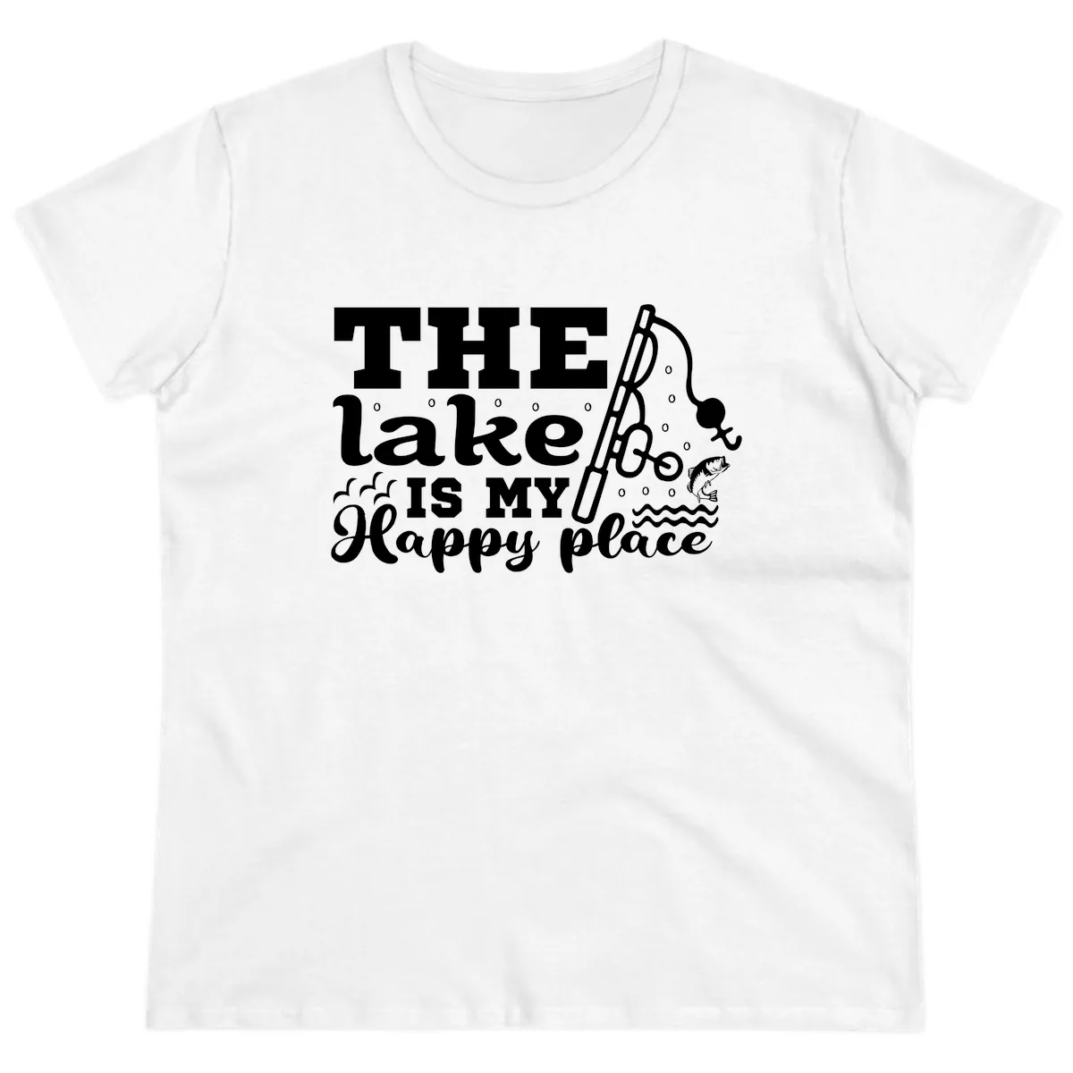 The Lake Is My Happy Place Fishing Design Ladies Tee in White