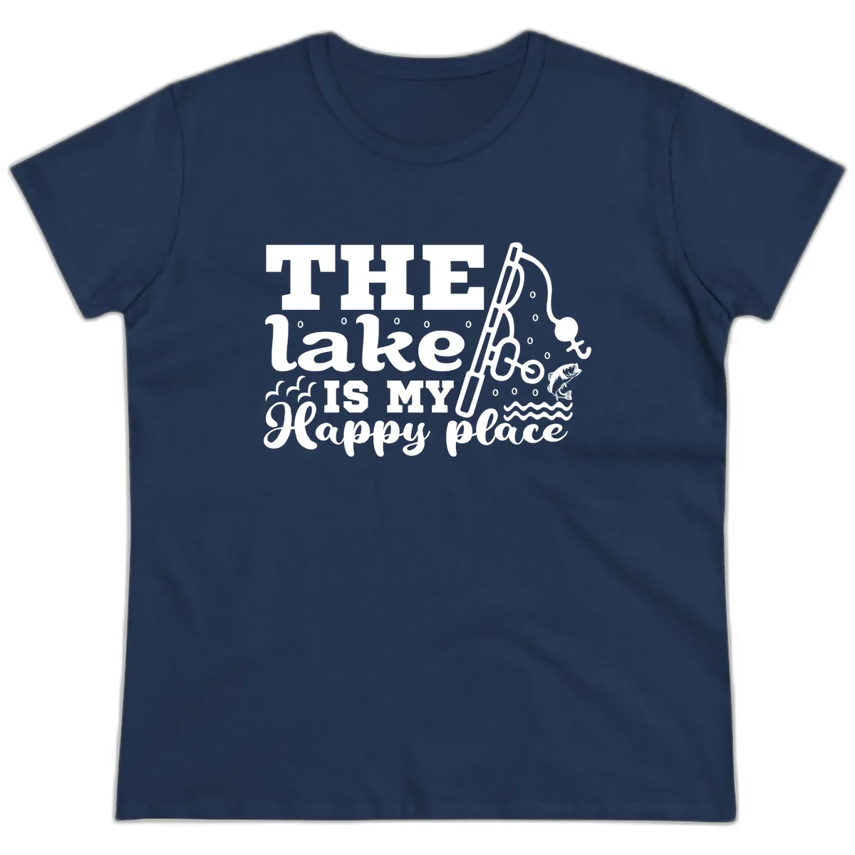 The Lake Is My Happy Place Fishing Design Ladies Tee in Navy