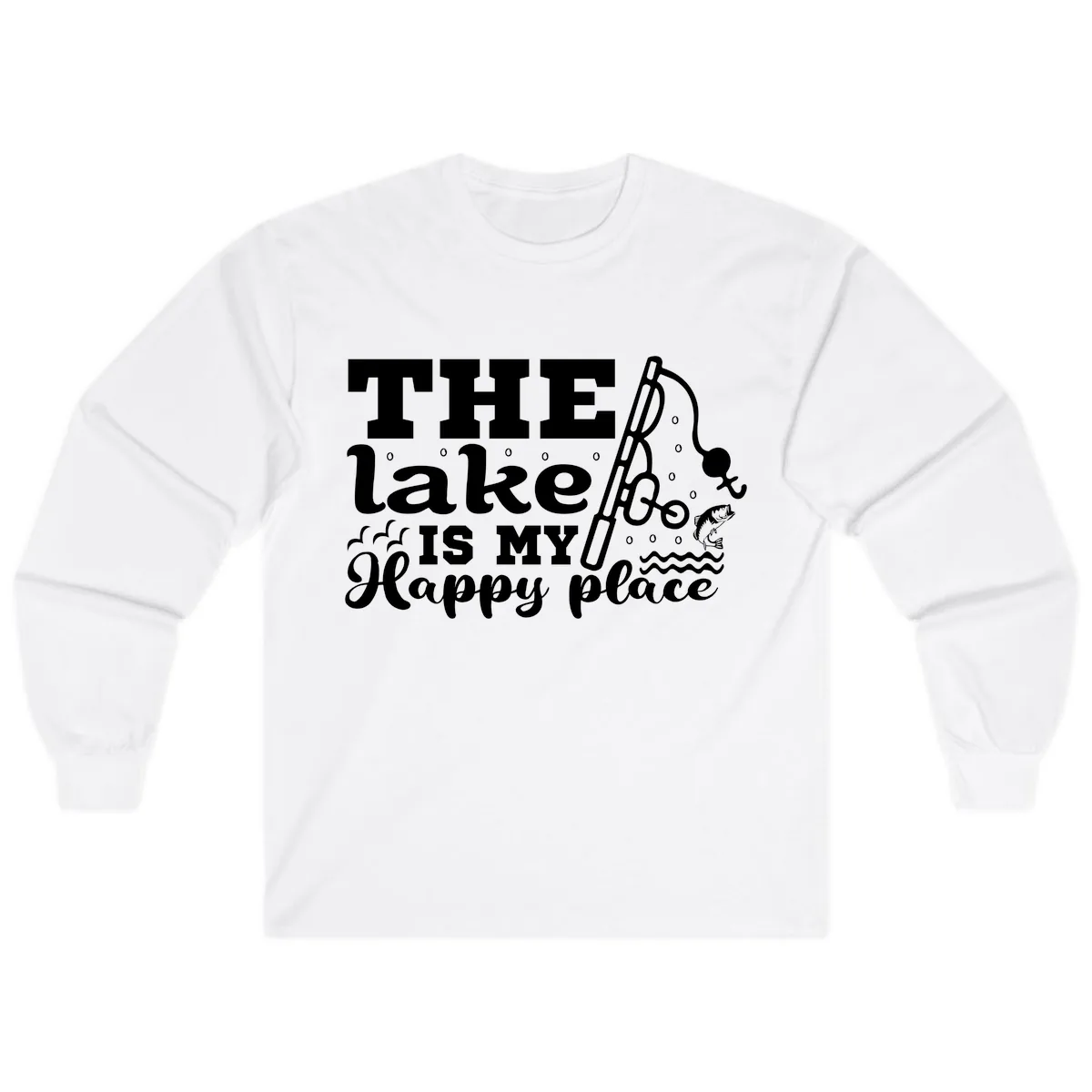 The Lake Is My Happy Place Fishing Design Long Sleeve in White