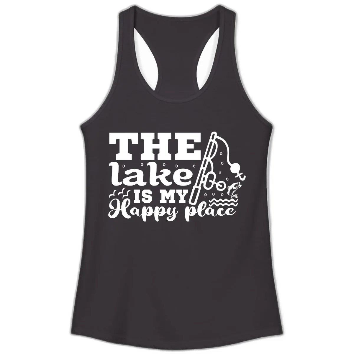 The Lake Is My Happy Place Fishing Design Ladies Tank in Black