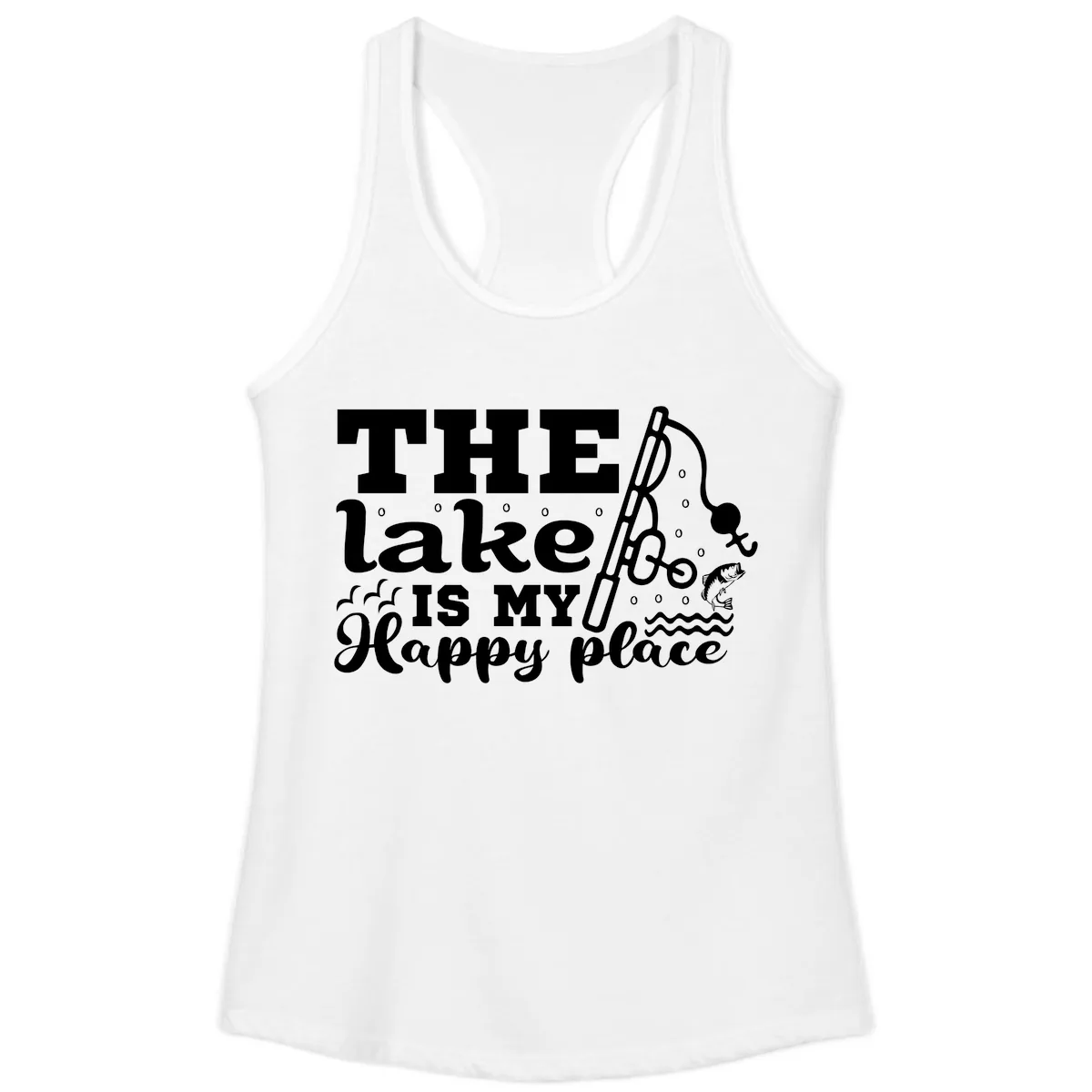 The Lake Is My Happy Place Fishing Design Ladies Tank in White