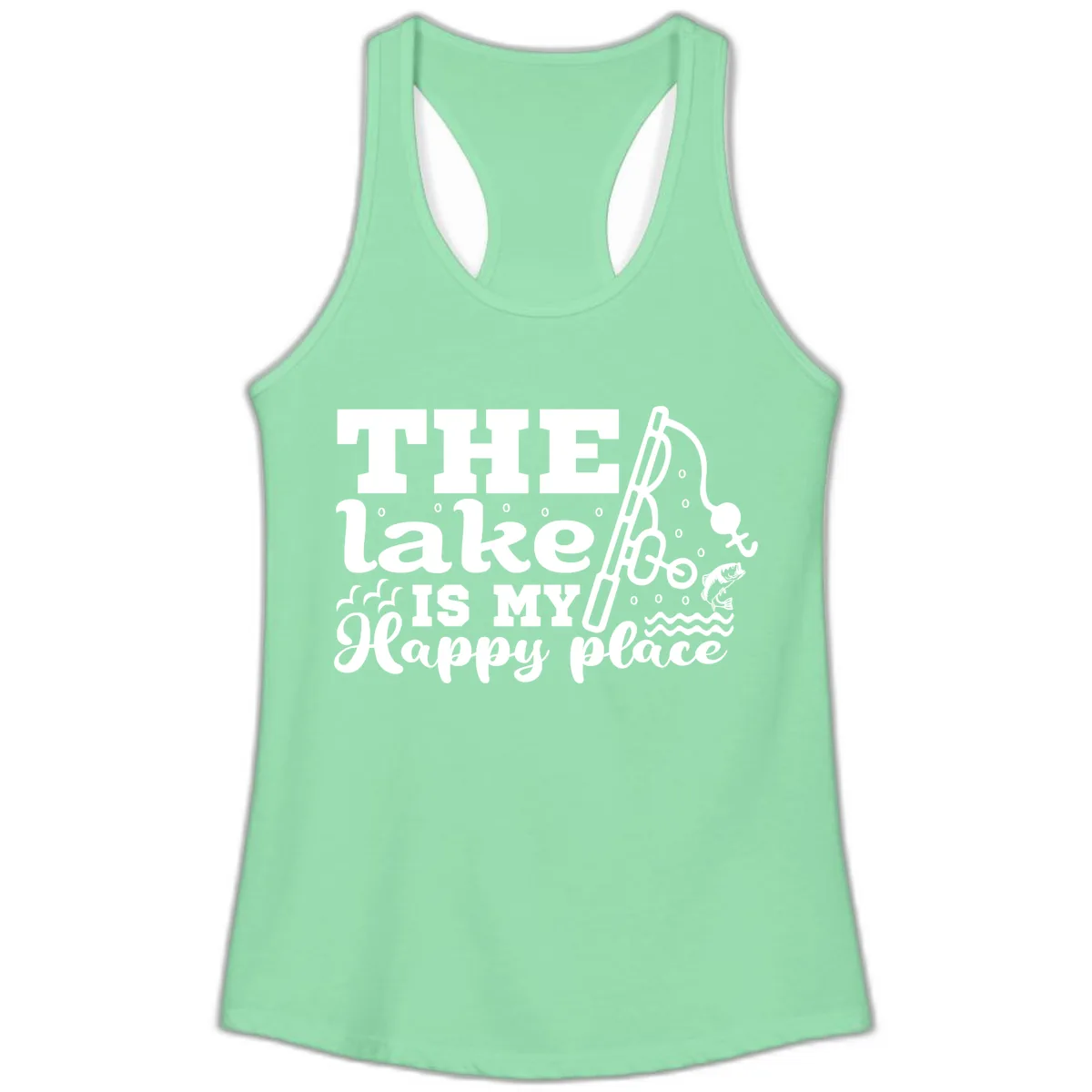 The Lake Is My Happy Place Fishing Design Ladies Tank in Solid Mint