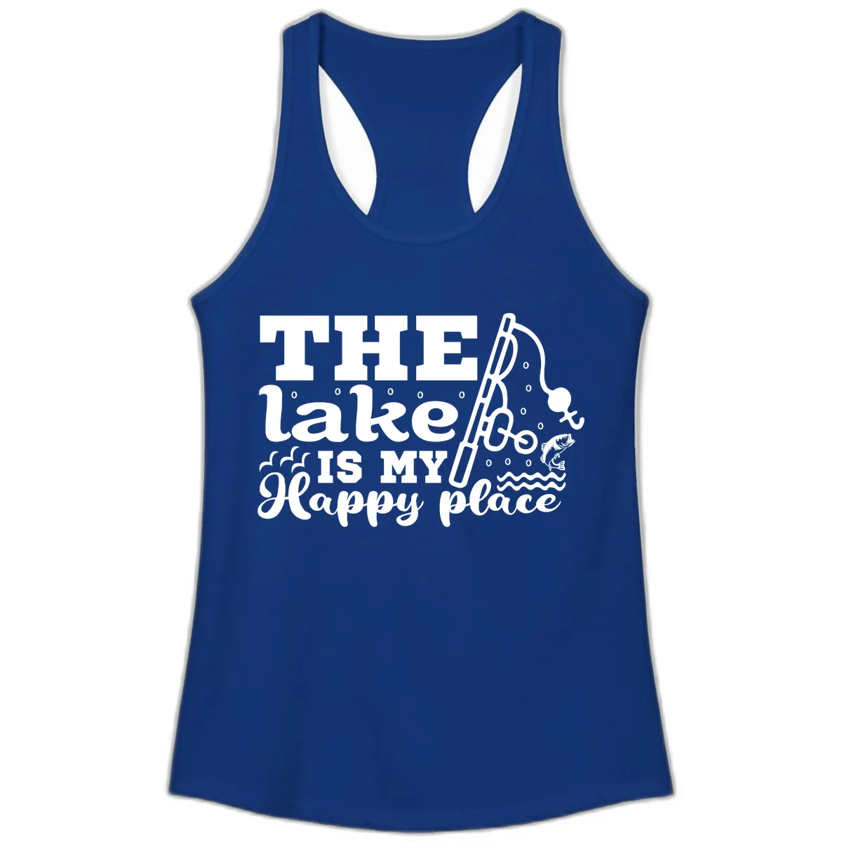 The Lake Is My Happy Place Fishing Design Ladies Tank in Solid Royal