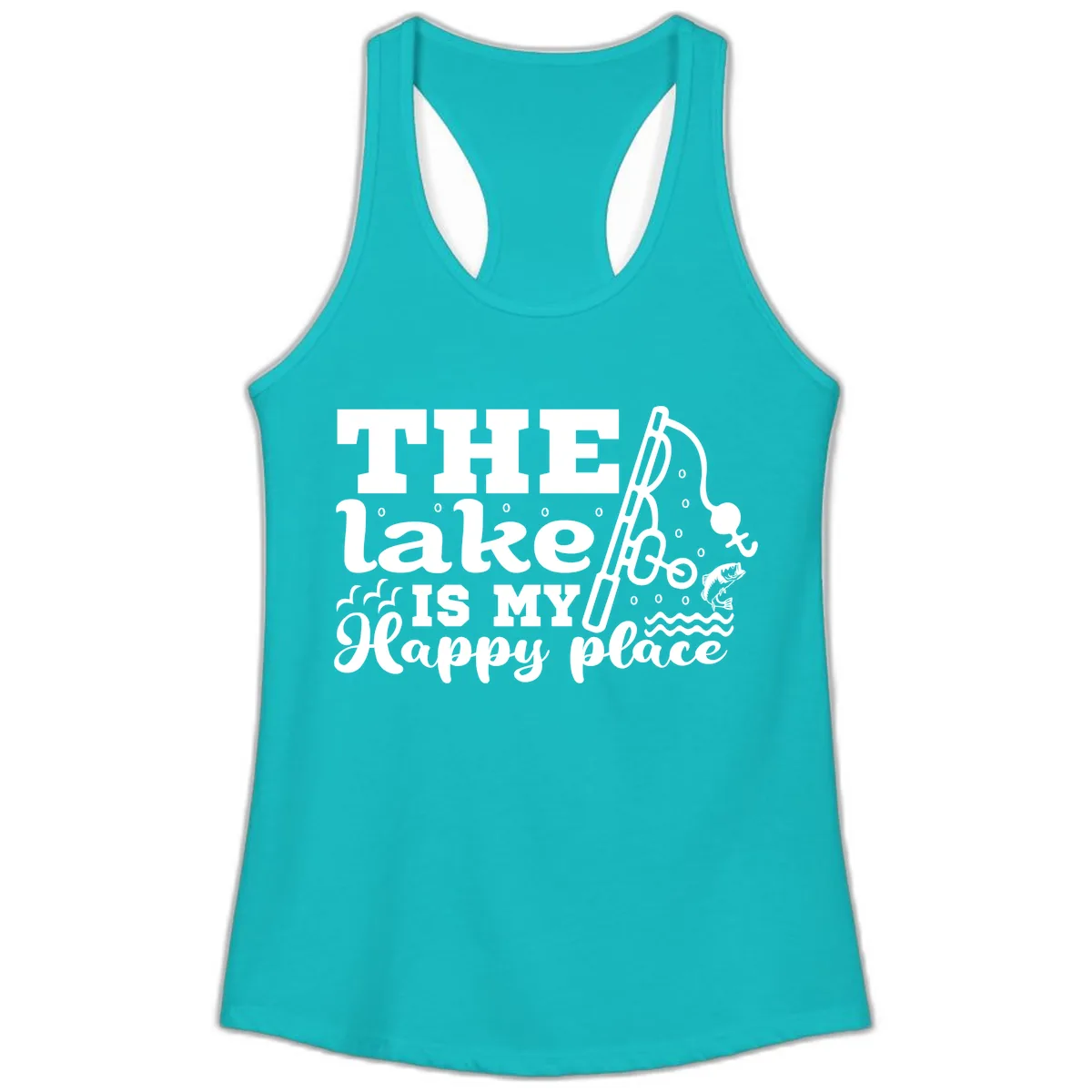 The Lake Is My Happy Place Fishing Design Ladies Tank in Tahiti Blue