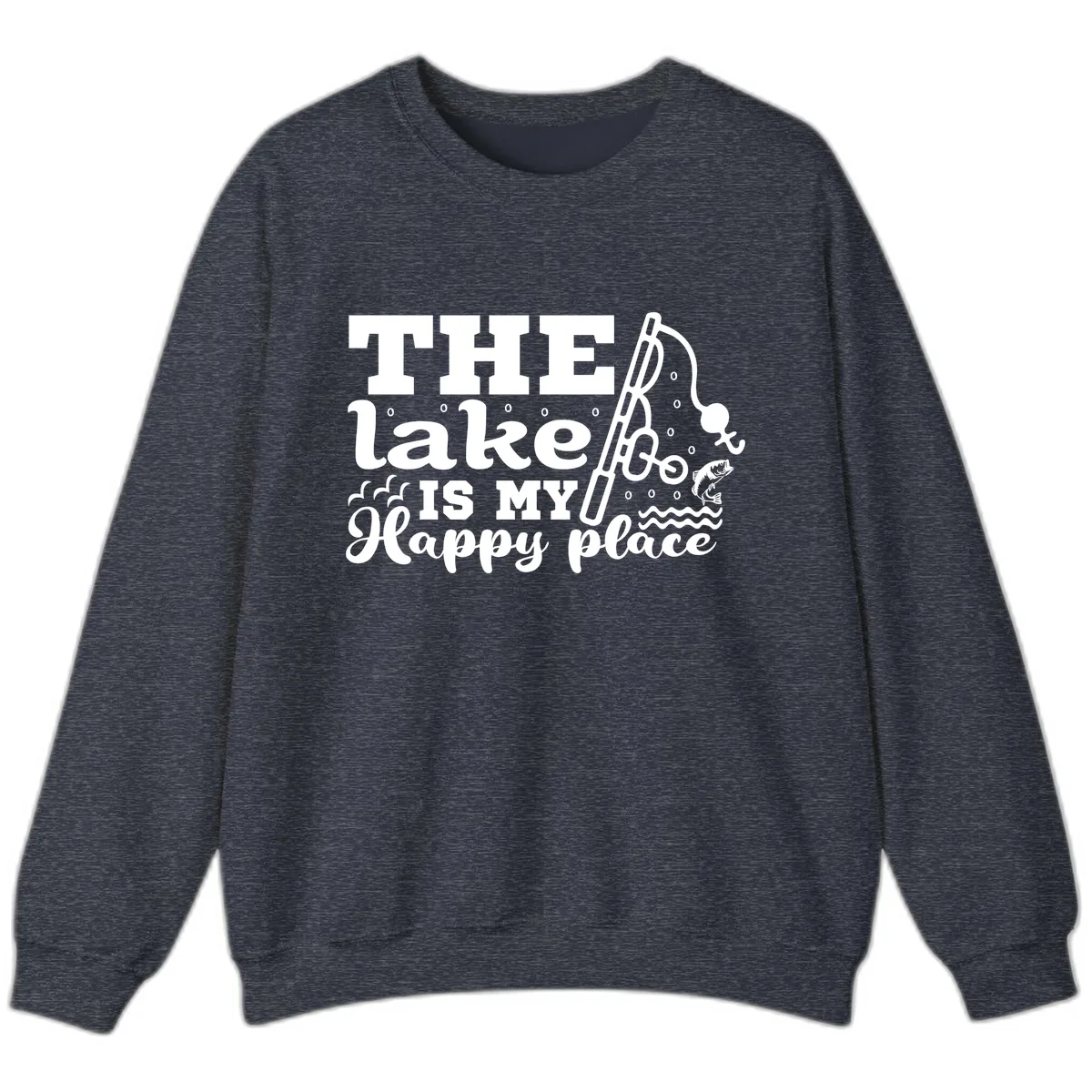 The Lake Is My Happy Place Fishing Design Sweatshirt in Heather Sport Dark Navy