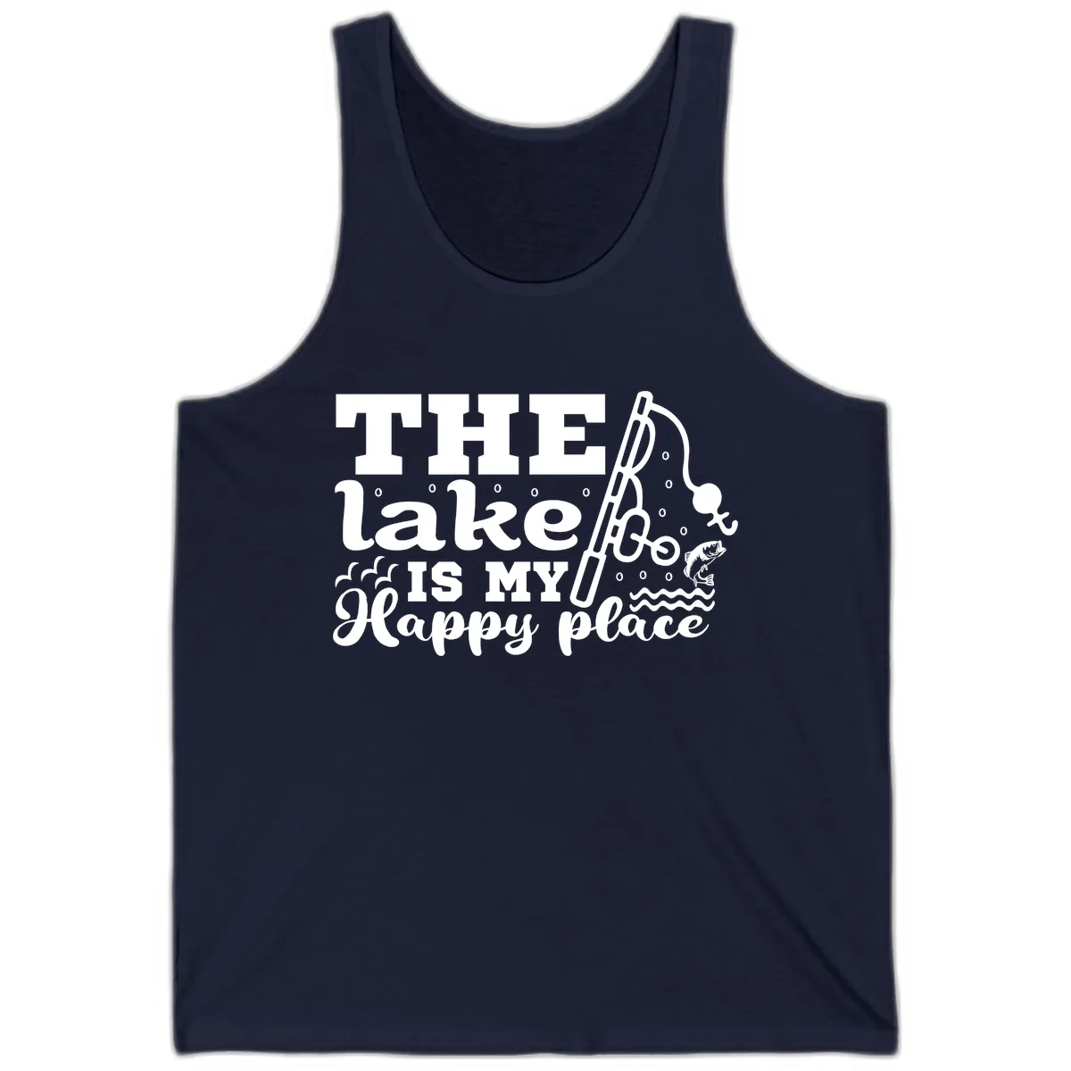 The Lake Is My Happy Place Fishing Design Tank in Navy