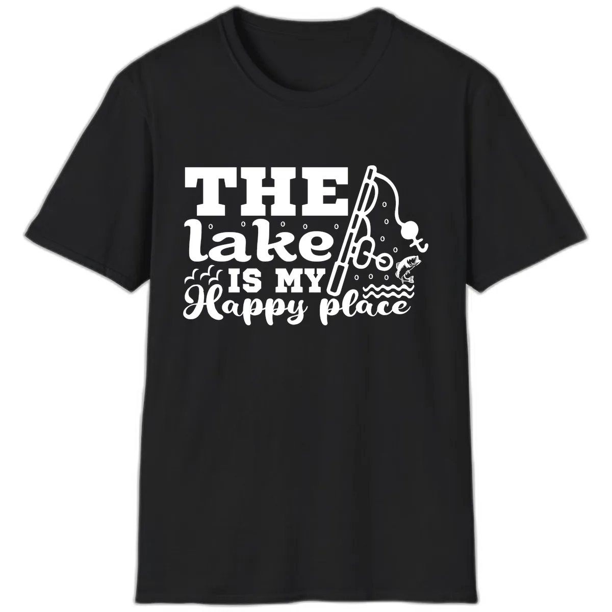 The Lake Is My Happy Place Fishing Design T-Shirt in Black