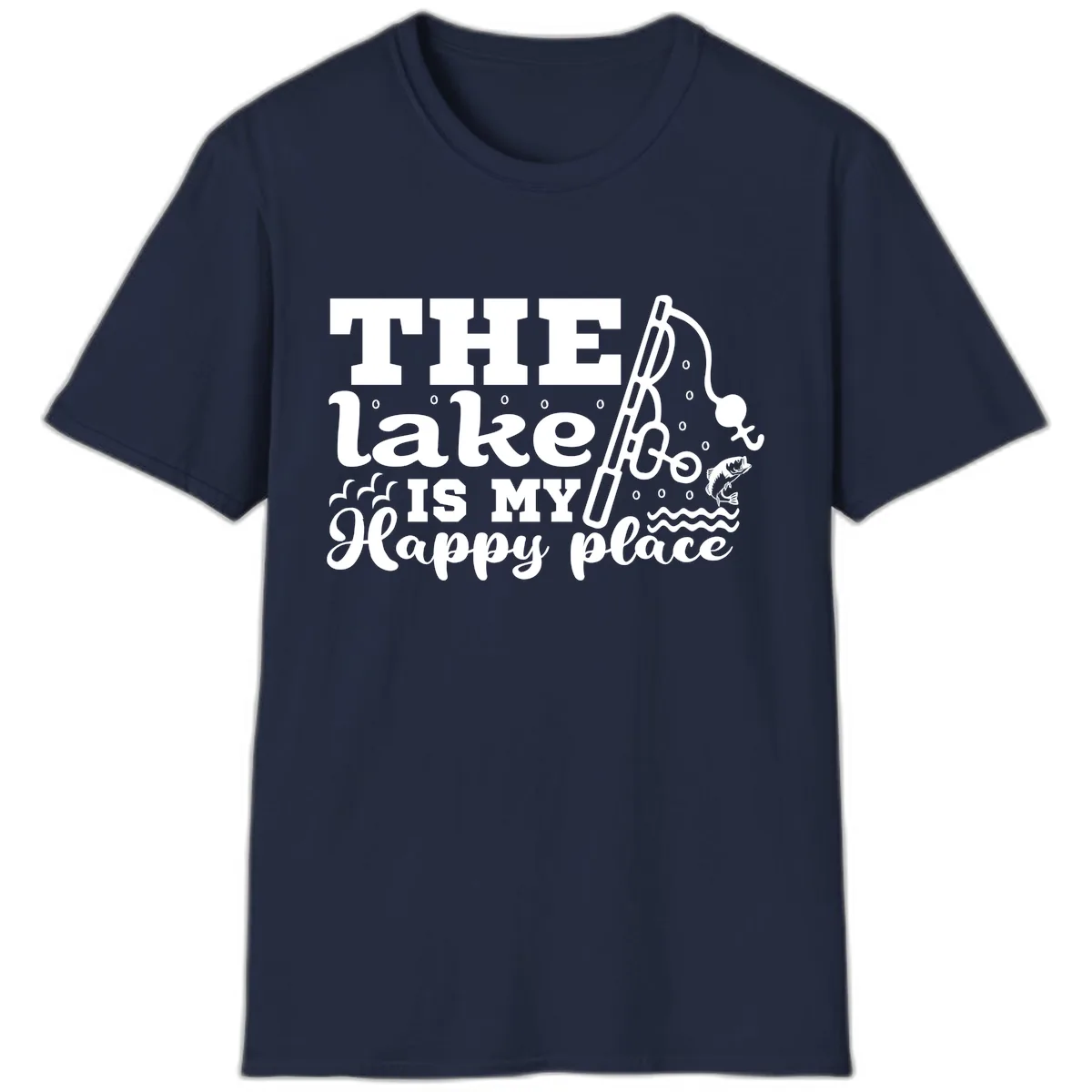 The Lake Is My Happy Place Fishing Design T-Shirt in Navy