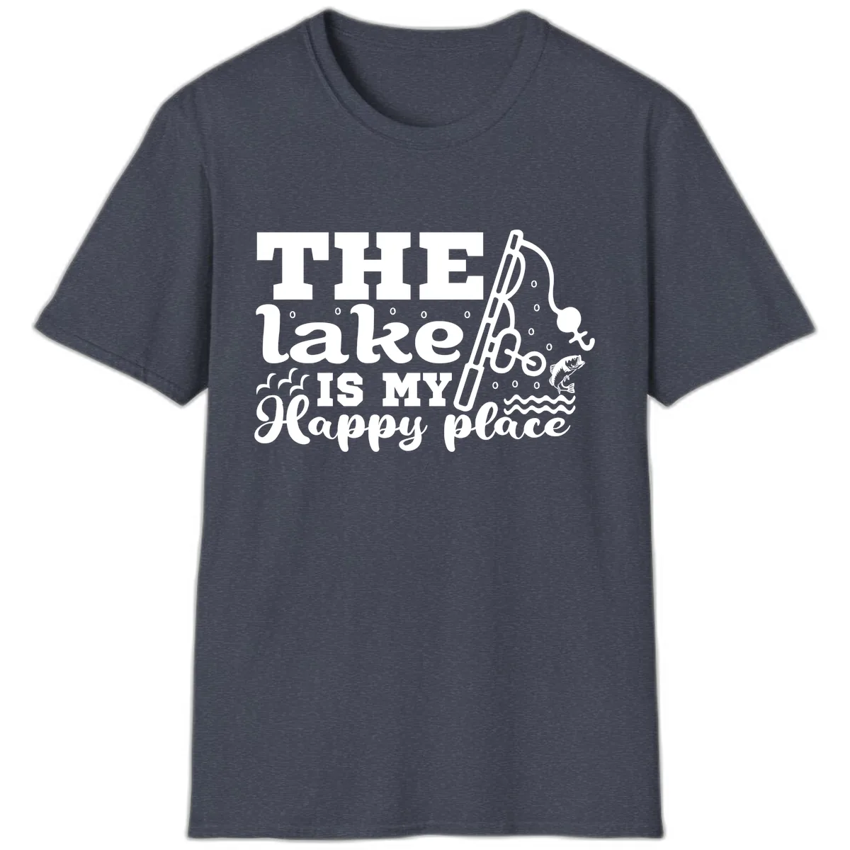 The Lake Is My Happy Place Fishing Design T-Shirt in Heather Navy