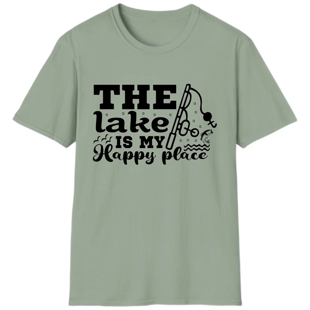 The Lake Is My Happy Place Fishing Design T-Shirt in Sage