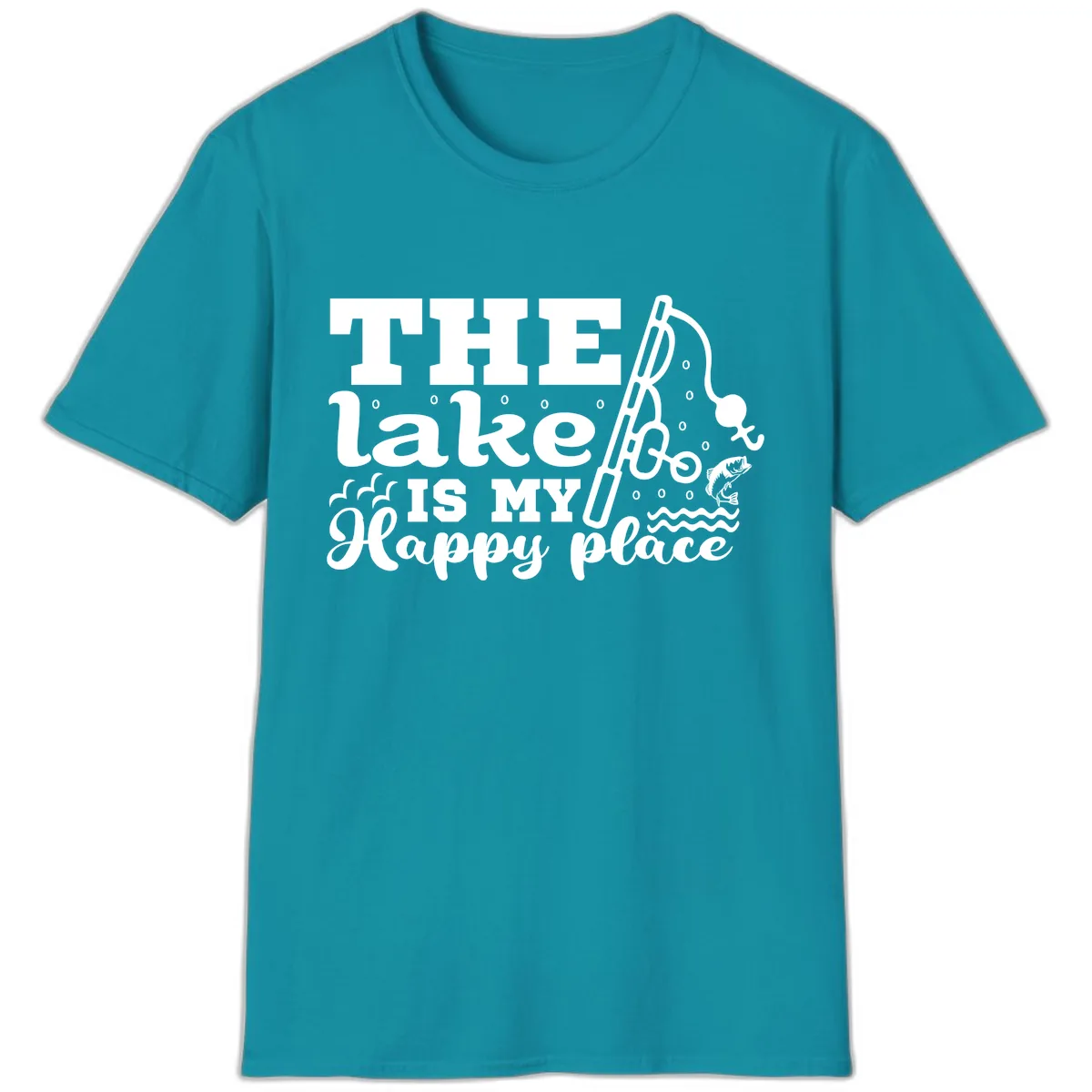 The Lake Is My Happy Place Fishing Design T-Shirt in Tropical Blue