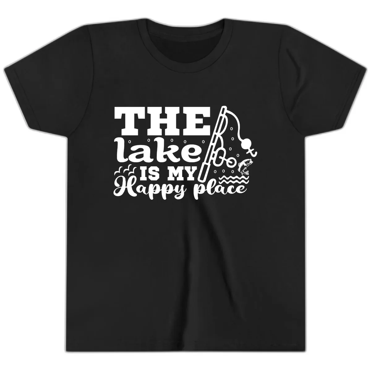 The Lake Is My Happy Place Fishing Design Youth T-Shirt in Black